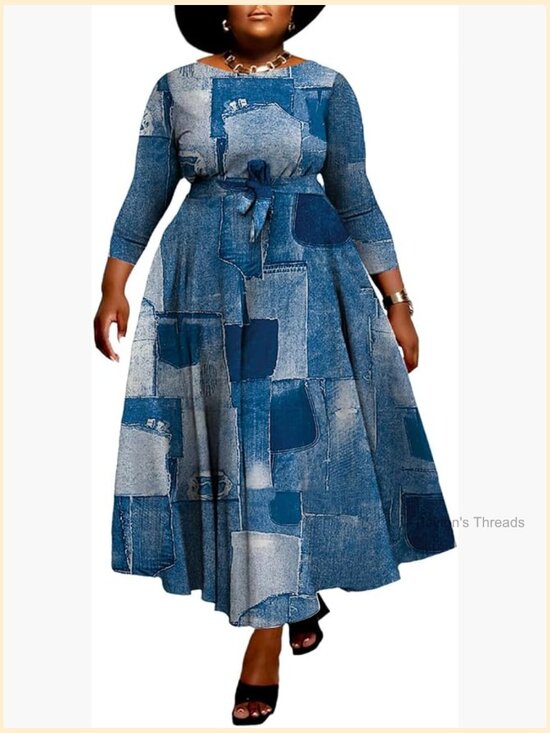 Dresses & Skirts - Plus Size A-Line Flowy Maxi Dress with Pockets 3/4 Sleeve